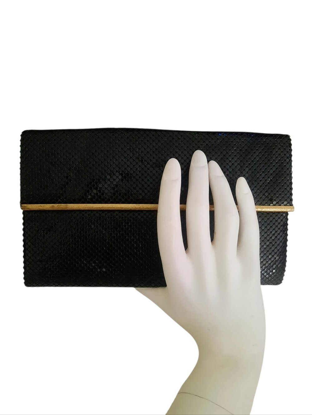 Vtg WHITING & DAVIS Black Enameled Metal Mesh Clutch w/Gold Trim & Chain Strap